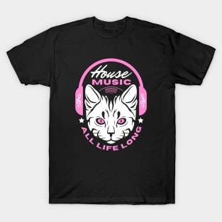 HOUSE MUSIC  -  Headphone Cat (Pink) T-Shirt